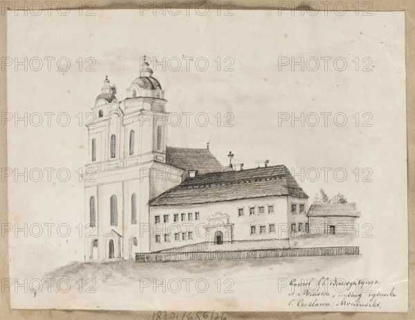Benedictine Church in Minsk; Church of St. Adalbert and the Benedictine Monastery in Minsk (Belarus), Roman Catholic monastery complex founded in the first half of the 17th century, seized after the January Uprising and converted to Orthodox use in 1871; buildings no longer exist. Oldest photograph of the church dates from 1870, showing the church a year before conversion. Moniuszko's first known work: view of the Moniuszko family burial chapel (1870) near Minsk; he may have drawn this Minsk church around the same time. Moniuszko visited St. Petersburg in 1872, received a silver medal from the St. Petersburg Academy in 1874, became its student in 1878; studies financed by F. Sobanski and H. Toeplitz; returned to Warsaw in 1880; met Boczkowska in St. Petersburg. Boczkowska, Maria Celestyna (Maria Celina) (1840–1931), illustrator; drawing, album; probably copied the drawing for her album; drawing shows amateur clumsiness; dated 1870–1873; St. Petersburg; height 15.8 cm, width 21.1 cm. Mo...