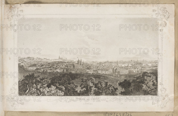 View of Czech Prague, Krecmar, Bedrich (fl. ca. 1840–1850), graphic artist; Boczkowska, Maria Celestyna (1840–1931). View of Czech Prague taken from Petrín Hill, which occupies a vast area full of gardens and parks, situated on the left bank of the Vltava River in Prague, in the vicinity of Prague Castle. Visible on the edge of the hill on the left is the Hunger Wall built on the order of Charles IV in the 14th century; legend has it that it was built to provide work and income to the unemployed, but Charles IV intended to expand the Malá Strana district. The composition is enclosed in a decorative frame made of parallel rods entwined in the corners with blooming morning glory. At the bottom, a ribbon with an inscription. 1840–1850. Graphic print, album; height 10.9 cm, width 19.5 cm.