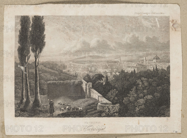 A steel engraving made by W. Creuzbauer in Karlsruhe depicts a View of Florence. Likely an illustration from the Glücksberg publishing house for the Universal Encyclopedia (1836–1840). Publishers: W. Creuzbauer (Karlsruhe, fl. ca. 1830–1850); Glücksberg, Krystian Teofil (1796–1876); Glücksberg, August Emanuel (1804–1894). Subject: Florence, city views, vedute, architectural views, towers, walls, landscapes with trees and shepherds, clouds. Medium: steel engraving/graphic print. Format: album plate, height 9.2 cm, width 14 cm. Locations/dates associated: Vilnius; Karlsruhe; 1836–1840., The image shows a grayscale landscape scene with a view over a town from a hillside. In the foreground there are a few tall, slender trees with textured trunks and a group of smaller trees and bushes in dark tones. A person wearing a long coat stands near a path with a small group of animals nearby. A low stone wall and a round stone structure are visible along the hillside, leading the eye toward the mid...