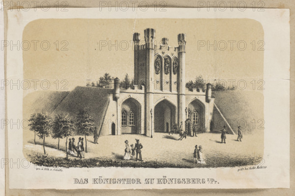 The Royal Gate in Königsberg. Schutz (fl. ca. 1840–1850), graphic artist; Möhring, Gebrüder (printing house; fl. ca. 1840–1850), publisher. The view shows the “Königstor” (Royal Gate) of the fort in Königsberg. The façade features bas-reliefs depicting King Ottokar von Böhmen, Prince Albert, and Frederick I. At the end of the 18th and beginning of the 19th centuries the city was equipped with 15 modern forts and a defensive rampart (Lithuanian Rampart) with decorative gates: the Royal Gate built in 1765, the Sakaimio Gate (1848), and the Roses Garden (Rossgarter/Rosse, 1813). The lithograph’s author is an unidentified draughtsman and lithographer named Schütz, perhaps identical to Johann Friedrich Schütz (1817–1888). Printed at the Gebrüder Möhring workshop; probably created in Königsberg. Date: 1840–1850. Medium: lithograph/graphic print; album. Dimensions: height 11.4 cm, width 18.5 cm.