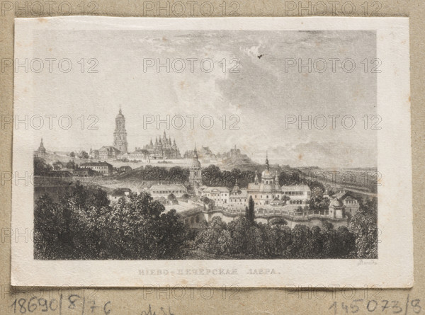 Kiev - Pechersk Lavra. Graphic print (steel engraving), 1835–1850, likely by W. Floyd (English graphic artist, active c.1835–1844). Series of Views of the Most Beautiful Places in the World. Album includes views such as Tsarskoye Selo, Peterhof, St. Petersburg, Palermo, etc. Steel engraving with Cyrillic inscriptions at the bottom and signatures on the right: Floid, Branderd, Godert. Subject: Pechersk Lavra — monastery founded mid-11th century by monks Anthony and Theodosius; original monastery built in caves on the Dnieper slopes. Monastery complex acquired its present appearance in the 17th–18th centuries with Ukrainian Baroque expansions featuring numerous turrets, ornate gables and decorations, and exterior frescoes depicting historical and ecclesiastical figures. Materials/technique: graphic print/album plate. Date: 1835–1850., A grayscale printed landscape showing an elevated view of a group of ornate buildings and churches with domes and spires set behind terraces of trees and w...