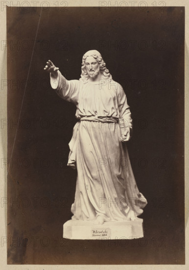 Photograph of Wiktor Brodzki's sculpture 'Christ Blessing' (ca. 1861), sculptor Wiktor Brodzki (born 1817/1825/1826–1904), photographed in Rome ca. 1868 by Lorenzo Suscipj (Rome; photographic studio; 183?-1901), albumen photographic print, subject Jesus Christ blessing, religious/sacred sculpture, height 23 cm, width 15.8 cm.