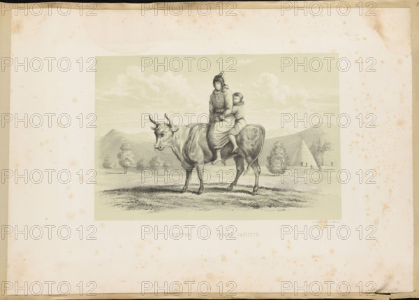 Yakut woman with a child riding an ox. Lithograph after a drawing by Leopold Nemirovsky (1810–1883), drawn 1844; published ca. 1856. Graphic print, height 22.3 cm, width 33.2 cm. Depicts a Yakut woman in rich costume with a child seated behind her on an ox; background shows mountains and a yurt. Nemirovsky produced documentary drawings, watercolors, and oils during an 1844–45 scientific expedition from Irkutsk (route via Okhotsk to Kamchatka and overland through Koryak, Chukchi, and Yakut areas). He was sentenced to 20 years' hard labor and spent time in Tobolsk and Irkutsk.