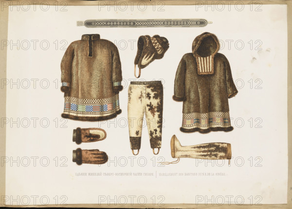 Costumes of the inhabitants of the north-eastern part of Siberia. Graphic artist: Leopold Nemirovsky (1810–1883); lithograph drawn 1844, published 1856. Depicts elements of northeastern Siberian costume: from the top — a belt, fur outerwear, a fur hat, pants and long boots made of seal fur, and fur gloves. Leather appliqués (belts and a colorful checkerboard motif) suggest these are Kamchadal costumes; material and design indicate a seashore people engaged in fishing and hunting. Nemirovsky was sentenced to 20 years of hard labor and spent time in Tobolsk and Irkutsk; in May 1844 he was hired as draftsman for a scientific expedition from Irkutsk via Okhotsk by sea to Kamchatka and overland through Koryak, Chukchi, and Yakut areas, producing numerous documentary drawings, watercolors, and oil paintings. Expedition returned to Irkutsk July 17, 1845. Album publication: Putieshestvije po Wostocznoj Sibiri, 1856, under the expedition leader Ivan Demjanovich Bulychev’s name; the artist’s nam...