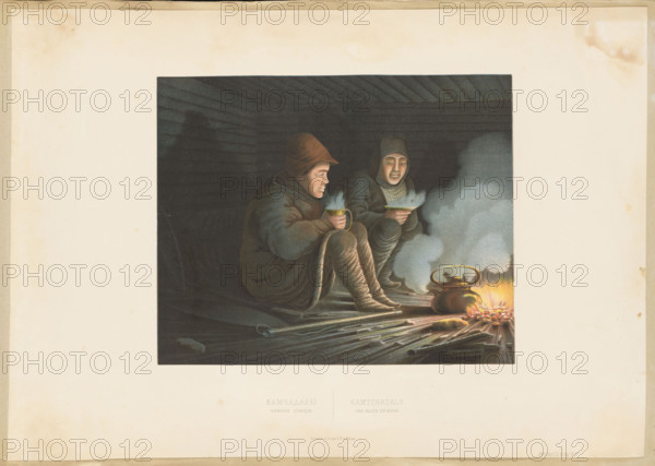 Kamchadalen at winter halt. Lithograph after a drawing by Leopold Niemirowski (1810–1883), drawn 1844; lithographed by F. Draeger (Moscow lithographic plant, ca. 1850–1860); published by Ivan Bulychov (fl. ca. 1856). Depicts an Itelmen (formerly called Kamchadal) during a winter stopover inside a yurt-like shelter by a fire; they live in southern Kamchatka and engage in fishing and hunting. Niemirowski was hired in May 1844 as an illustrator for a scientific expedition from Irkutsk through Okhotsk to Kamchatka and overland among the Koryaks, Chukchi, and Yakuts; he produced numerous documentary drawings, watercolors, and oil paintings. The expedition returned to Irkutsk 17 July 1845. The drawings were published in the album Putieshestvije po Vostochnoj Sibiri (St. Petersburg, 1856) under the expedition leader Ivan Demjanovich Bulychev; the artist’s name is not mentioned. Graphic print; album plate; 1856. Height 24.7 cm, width 30.7 cm.