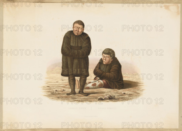 Two Koryak nomads ('reindeer herders') in fur coats and long fur boots. Drawing for a lithograph created in 1844 by Leopold Niemirowski (1810–1883). Lithograph produced ca. 1856 by F. Draeger (Moscow lithographic workshop). Nemirovsky was sentenced to 20 years' hard labor, spent time in Tobolsk and Irkutsk, and in May 1844 was hired as a draftsman for a scientific expedition organized by the Irkutsk Branch of the Geographical Society. The expedition route: Irkutsk ? Okhotsk by sea ? Kamchatka ? overland through Koryak, Chukchi, and Yakut areas; returned to Irkutsk July 17, 1845. Niemirowski produced many documentary drawings, watercolors, and oil paintings of landscapes, folklore, and daily life. The drawings were published in the album 'Putieshestvije po Wostocznoj Sibiri,' Saint Petersburg, 1856, credited to expedition leader Ivan Demjanovich Bulychev; the artist's name is not mentioned. Graphic print, album; height 25.5 cm, width 33.5 cm.