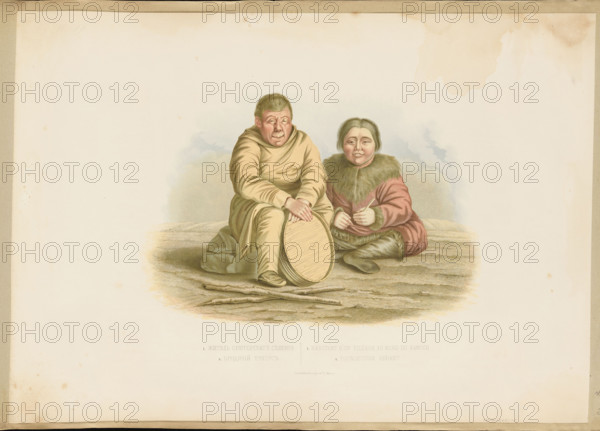 Two inhabitants of Kamchatka: a man living in a settlement on the Olutor Peninsula in Kamchatka Krai and a nomadic Tungus. Lithograph drawn in 1844; published 1856. Artist: Leopold Nemirovsky (1810–1883). Lithographic workshop: F. Draeger (Moscow; ca. 1850–1860). Plate associated with expedition led by Ivan Bulychov (fl. ca. 1856). Subject: ethnographic depiction—Tungusians, folk costumes, sheepskin coats, ethnic types; documentary drawing from travels through Kamchatka, Koryak, Chukchi, and Yakut regions. Medium/format: graphic print, album plate; height 22.0 cm, width 32.5 cm.