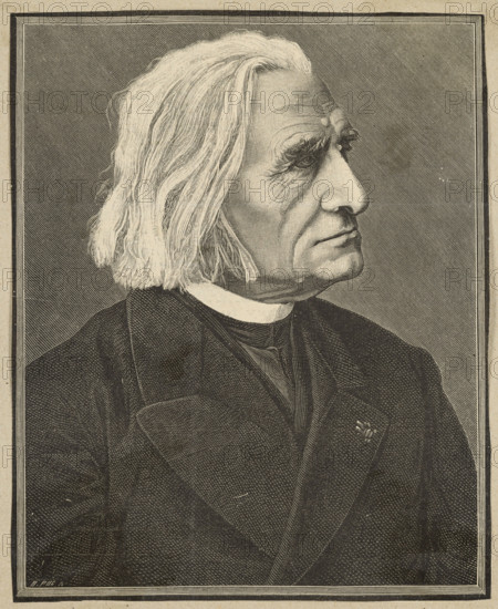 Portrait of Franz Liszt; Puc, Bronislaw (fl. 1867–1891), graphic artist; factual albums; albums; Boczkowska, Maria Celestyna (1840–1931); portraits; portraits of composers; Liszt, Ferenc (1811–1886), musicians, pianists; Liszt, Ferenc (1811–1886) — iconography; graphics; graphic print; album; height 19 cm; width 15.5 cm, A monochrome engraved portrait of an older person shown in profile facing right, with shoulder-length wavy hair, prominent facial wrinkles, and a contemplative expression; they wear a dark coat with a lapel and a lighter collar visible at the neck, and a small decorative pin on the coat; the background is textured with fine diagonal lines and the image is framed by a narrow border; visible colors are shades of black, gray, and off-white.