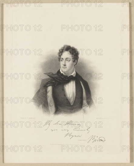 Portrait of George Gordon Byron. Engraving by Edward Finden after a portrait painted by George Sanders. Beneath the image is a facsimile of Byron’s dedication to the London publisher John Murray. Steel engraving illustration, 1833. Print, graphic print; height 23.3 cm, width 17.5 cm. Depicts Byron, English poet (1788–1824), who left England amid scandal, traveled in Switzerland and Italy (where he met Teresa Guiccioli and was involved in Italian liberal causes), and later went to Greece during its uprising against the Ottoman Empire, dying of fever in Missolonghi.