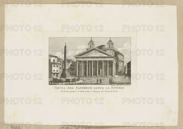View of the Pantheon in Rome. Engraving by Achille and Pietro Parboni (etchings made 1824–1826). Published ca. 1830 by Giacomo Antonelli. Plate from Nuova raccolta delle principali vedute antiche e moderne dell'alma città di Roma e sue vicinanze. Collaborative contributions by Gaetano Cottafavi and Pietro Ruga. Publication contains prints depicting views of Rome, Lazio, Frascati, Cori, and Bracciano. Print (matrix 1824), album plate; height 8.6 cm, width 13.0 cm.