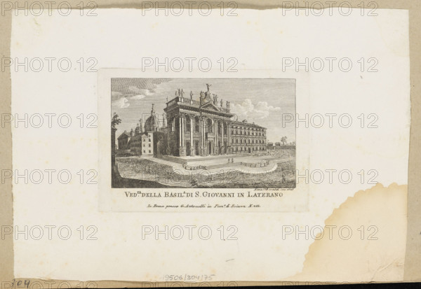 View of the Basilica of St. John Lateran. Engraving by Francesco Rinaldi (graphic artist, fl. 1786–1830), plate etched 1824–1826; published ca. 1830 by Giacomo Antonelli. Plate from a publication of vedute of Rome (published as Nuova raccolta delle principali vedute antiche e moderne dell'alma città di Roma e sue vicinanze). Collaboration on the project included Achille and Pietro Parboni; Gaetano Cottafavi and Pietro Ruga also collaborated. The publication contains prints depicting views of Rome, Lazio, Frascati, Cori, and Bracciano; variant editions/print counts and dates (including c.1833 and an issue titled Nouva Raccolta di cento Vedute…) are noted. Possibly a re-edition (1830–1831); matrix 1825. Print, album; height 8.7 cm, width 13.0 cm.