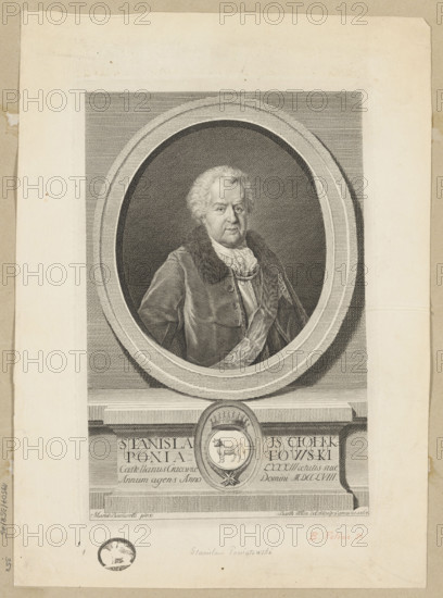 Portrait of Stanislaw Poniatowski; Folino, Bartolomeo de (1730–post 1808), graphic artist; Bacciarelli, Marcello (1731–1818), painter; portraits; male portrait; Ciolek (coat of arms); Poniatowski, Stanislaw (1676–1762) — iconography; 1767; Warsaw; graphic print, album; height 29.5 cm, width 19.7 cm