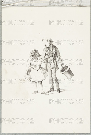 Julia Pastrana arm in arm with her impresario, graphic artist, ca. 1858. Print, height 22.2 cm, width 15.7 cm. Depicts Julia Pastrana (1834–1860), born in Mexico, who suffered from hypertrichosis with long beard, extensive body hair, and two rows of teeth. Purchased by impresario Teodor Lent, she was exhibited in Europe and America; circus advertising labeled her 'a gorilla woman.' Lent married her when she threatened to leave; she died in childbirth, the infant also died, and their bodies were embalmed and sold to the St. Petersburg Kunstkammer.