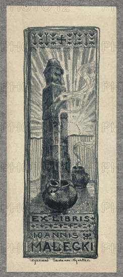 Jan Malecki's bookplate Swiatowid in front of whom smoke rises from two vessels. In the background the setting sun. The whole in a decorative frame with an inscription at the bottom. ca. 1905. Graphic, typographic print; bookplate. Height 14.1 cm, width 4.5 cm; height 16 cm, width 6.6 cm. Styles/subjects: Swiatowid (mythology), Slavic mythology, Young Poland (style), symbolism (style). Maker/figures: Jan Malecki (bookplate), Tadeusz Rychter (illustrator), Dominik Witke-Jezewski. Motifs: swastika. Ethnographic bookplate; Polish bookplates; Polish graphics.