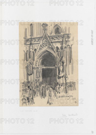 Marshal Józef Pilsudski and Prime Minister Ignacy Jan Paderewski leaving St. John's Cathedral after the service inaugurating the first session of the Legislative Sejm on February 9, 1919; Leon Wróblewski (1893–1975); group scene; iconography of Pilsudski and Paderewski; cathedrals — St. John the Baptist (Warsaw); Idzkowski, Adam (1798–1879) — architecture; state ceremonies; Old Town (Warsaw); neo-Gothic style; 1919; drawing; 32.0 cm × 22.3 cm