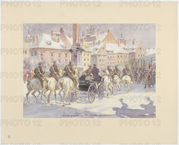 'On the opening day of the First Polish Sejm' - Pilsudski with the Chief of State Józef Pilsudski and Prime Minister Ignacy Jan Paderewski surrounded by the squadron of honour at Castle Square in Warsaw, February 9, 1919, Szewczyk, Feliks (1863-1932), painter; Paderewski, Ignacy Jan (1860-1941), carriages, crowd scenes, Pilsudski, Józef (1867-1935) - iconography, celebrations, Castle Square (Warsaw), military, Paderewski, Ignacy Jan (1860-1941) - iconography, Polish, Polish drawings, Society for the Encouragement of Fine Arts (Warsaw ; 1860-1940), history, 20th anniversary, 20th century, Portfolio of artists of the Society of Polish Artists (TZSP) - a gift for Ignacy Jan Paderewski (1931), Opening day of the First Polish Sejm: Pilsudski and Paderewski in a carriage, with a military escort on horseback, ride through Castle Square - probably to a service at St. John's Cathedral, after 1919, Warsaw, portfolio, drawing, watercolor