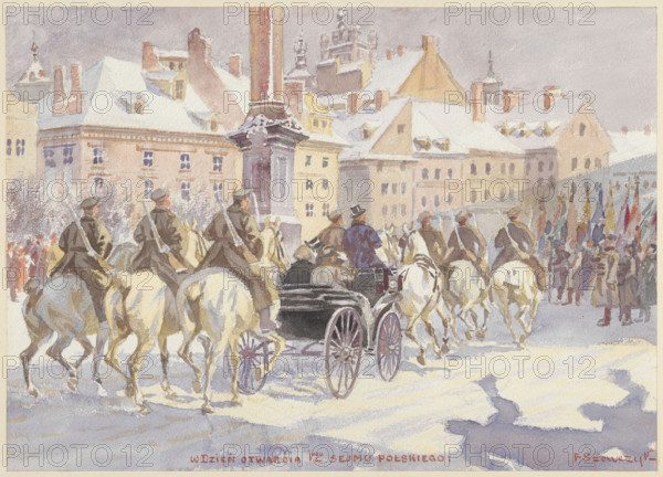 'On the opening day of the First Polish Sejm' - Pilsudski with Chief of State Józef Pilsudski and Prime Minister Ignacy Jan Paderewski surrounded by a squadron of honour at Castle Square in Warsaw, February 9, 1919. Painter: Feliks Szewczyk (1863–1932). Subject: Paderewski, Ignacy Jan (1860–1941) and Pilsudski, Józef (1867–1935) in a carriage with a military escort on horseback, likely en route to a service at St. John's Cathedral. Medium: drawing, watercolor. Date: after 1919. Style/genre: Polish drawing, crowd scene, military celebration, 20th century.