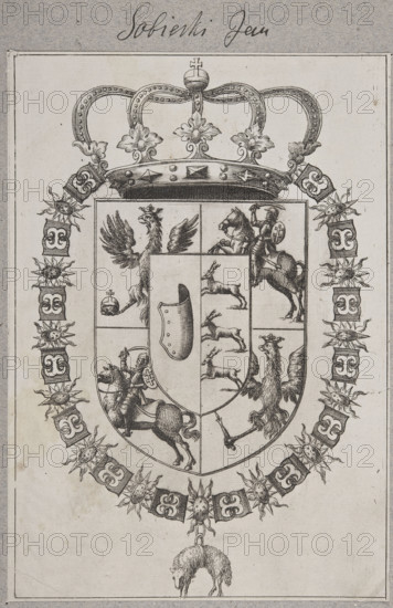 Coat of arms of Jakub Ludwik Sobieski, the so-called Bookplate of Jan III Sobieski. Five-field coat of arms of Sobieski with the Janina coat of arms in the center, the whole under a royal crown. In a circle a chain with the Order of the Golden Fleece suspended at the bottom. Most likely the only existing bookplate of Jan III in Poland, ca. 1695. Print, graphic print, bookplate; height 20.5 cm, width 14.3 cm.