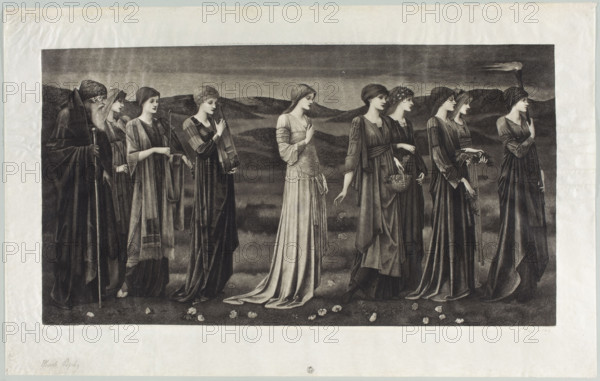 Les noces de Psyché, Jasinski, Feliks Stanislaw (1862–1901), graphic artist; after Burne-Jones, Edward (1833–1898) (author of the original). Copperplate engraving (reproduction print), Paris/London, ca. 1900. Subject: Psyche (mythology), scene from Apuleius, Book 4 of the Metamorphoses (Cupid and Psyche). Style: Pre-Raphaelite-inspired mythological subject. Publisher: Arthur Tooth & Sons & Cie; printed by Salmon & Ardail and Alfred Porcaboeuf (Paris). Edition: 100 copies on vellum plus 25 specimen copies; stamped with the Printsellers' Association dry seal (14 Nov 1900). Dimensions: height 45 cm, width 71.5 cm. Notes: work reproduced from a Burne-Jones painting; part of a series of reproductions begun after a visit to London in Sept. 1893.