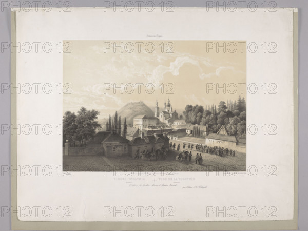 Views of Volhynia. Krzemieniec. Artists: Louis-Pierre-Alphonse Bichebois (1801–1850), graphic artist; Adolphe Jean Baptiste Bayot (1810–1866), graphic artist; Józef Narcyz Seydlitz (1789–1845), painter. Lithographic workshop: Rose Joseph Lemercier (Paris; 1828–post 1899), publisher. Publishers: Jan Kazimierz Wilczynski (1806–1885). Related names: Ludmila Trojanowska, Edward Trojanowski (1873–1930). Subject: Krzemieniec, Volhynia (Krzemieniec, Ukraine); Krzemieniec High School (1805–1831; 1922–1939). Date: 1850. Medium: French printmaking, graphic print (lithograph). Dimensions: height 39.7 cm, width 47.4 cm.