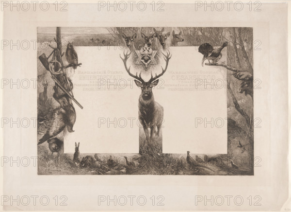 Diploma of the Warsaw Branch of the Imperial Society for Game Breeding and Proper Hunting; designers: Ignacy Lopienski (1865–1941), graphic artist, and Franciszek Ejsmond (1859–1931), graphic artist. Subject and imagery: hunters, deer, partridges, hares, owls, wild boars, does, elk, forests, meadows, guns, musical instruments, and an Orzel (Russian eagle). Type: graphic print; date: 1899–1900; place: Warsaw. Dimensions: image: height 52.7 cm, width 79.0 cm; overall: height 66.2 cm, width 90.2 cm.