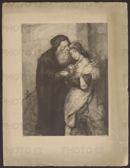 Shylock and Jessyka; Lopienski, Ignacy (1865–1941), graphic artist; Gottlieb, Maurycy (1856–1879), painter; Shylock (lit.), Jessica (lit.); Jews; Judaica; Shakespeare, William (1564–1616), Merchant of Venice; merchants; Venice (Italy); daughters; fathers; 1913; Warsaw; graphic print; height 51.8 cm, width 38.8 cm; height 66.3 cm, width 50.6 cm