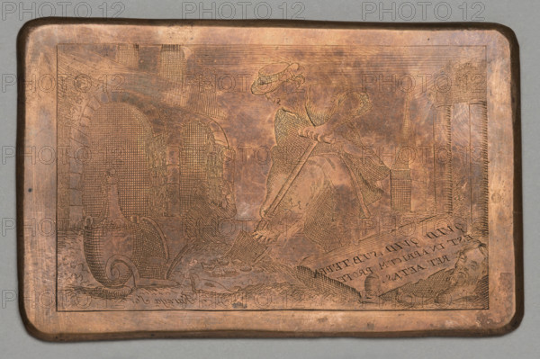 Vignette: man against the backdrop of architecture. Karega, Ignacy (fl. ca. 1764–1800). A man in a hat is digging the ground with a shovel; next to him and in front of him are two faintly visible human figures. Architectural fragments flank both sides in the background. On the right side a plaque with the inscription facing the scene: 'QUID QUID SUBTERRA, EST IN APRICUM PROFERET AETAS.' 1701–1800. Graphic plate.