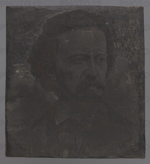 Portrait of Ignacy Jasinski; Regulski, Aleksander (1839–1884), graphic artist; Tegazzo, Franciszek (1829–1879), graphic artist; Jasinski, Ignacy (1833–1878) — iconography; painters; male portrait; 1878–1879; Warsaw; woodcut block; height 10.7 cm, width 9.9 cm, thickness 2.3 cm