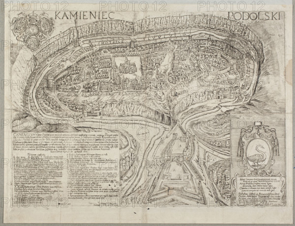 View of Kamieniec Podolski. Engraver and draughtsman: Cyprian Tomaszewicz (fl. ca. 1672–1673). Bird's-eye view plan of the city and fortress on the Smotrycz River loop as it appeared in 1672, showing siege damage and Turkish alterations (including St. John's Church converted into the Grand Vizier's Mosque), points where the Turks breached the city (mine site and moat breach), and the castle and bastion fortifications (New Castle built under Sigismund III and Wladyslaw IV). One of the first and most important plans of the Kamieniec Podolski fortress; Tomaszewicz prepared and published it after fleeing to Kraków following the city's capture by the Turks in 1672, dedicating it to Bishop Andrzej Trzebicki. Fortress remained in Turkish hands until 1699. Date: 1672–1673. Medium: graphic print. Dimensions: approx. 31.4 × 43.6 cm (other impression 34.7 × 45.7 cm).
