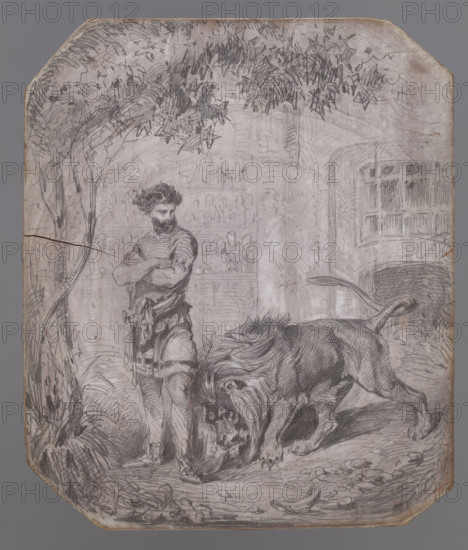 The caretaker and the lion, illustration to 'Konrad Wallenrod' by Adam Mickiewicz. Niewiarowicz, Wladyslaw (1815–1891), draughtsman; Hoffman, Karol (1798–1875). Konrad Wallenrod, Knight and Lion, illustration to 'Konrad Wallenrod' by Adam Mickiewicz, 'Obiór' lines 120–134 — a symbolic scene illustrating Wajdelota's influence on Konrad. Woodcut block, before 1851, Paris; height 11.8 cm, width 9.9 cm, thickness 2 cm. Signatures below the woodcut: left 'JT PODLUG KH', right 'VC'., A grayscale pencil drawing shows a bearded man standing with his arms crossed, wearing a short tunic and sandals, next to a large lion that is crouched with its head lowered and mane detailed; the scene includes a tree with leafy branches arching overhead, textured ground with scattered small objects, and architectural elements like an arched opening and a window in the background, all rendered in shades of gray and black on a slightly worn, light grayish paper surface.