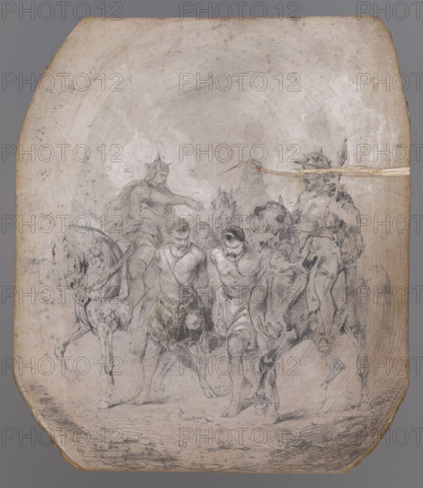 Leading the prisoners, illustration to 'Konrad Wallenrod' by Adam Mickiewicz. Three mounted warriors (two in front, one seen from the back) are leading prisoners, with their hands tied behind them, walking between the horses. Illustration to the words 'Where the Lithuanians were returning from, they were returning from a night excursion,' lines 255–259. Wladyslaw Niewiarowicz (draughtsman), before 1851, Paris, woodcut block; height 15.2 cm, width 13.2 cm, thickness 2.3 cm., The image shows a worn, pale beige rectangular surface with rounded and irregular edges and a few darker brown areas along the border; on it is a detailed charcoal or pencil drawing of a group of figures and horses. Center foreground are two barefoot men with draped garments and visible musculature, their heads bowed and arms positioned as if bound behind them; to their left and right are mounted figures in helmets or headgear, one seated on a horse that lifts a foreleg and another on a horse facing slightly inward....