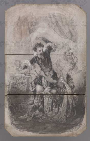 Almanzor, king of the Muslims, infects the Spanish with the plague, illustration to 'Konrad Wallenrod' by Adam Mickiewicz; draughtsman: Wladyslaw Niewiarowicz (1815–1891). Spaniards; Muslim king Almanzor infects the Spaniards with the plague; illustration to 'Konrad Wallenrod', 'The Ballad of Alpuhar', lines 670–702. The Spanish leader, in a defensive gesture with raised hands, retreats from the commander of Granada who is holding him down and lying at his feet. Before 1851, Paris; woodcut block; height 21.8 cm, width 13.6 cm, thickness 2.3 cm.