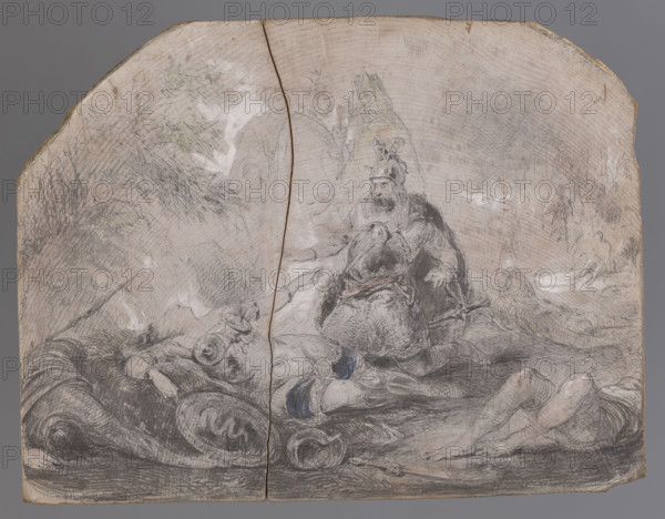 The Death of Grazyna, illustration for 'Grazyna' by Adam Mickiewicz. Rymwid finds the dying Grazyna (lines 971–976). Niewiarowicz, Wladyslaw (1815–1891), draughtsman; Hoffman, Karol (1798–1875). A drawing printed on a block covered with primer, further developed in pen, ink, pencil, with highlights in white gouache; the block was ready for cutting. Before 1851, Paris. Woodcut block; height 11.4 cm, width 14.8 cm, thickness 2.3 cm., A roughly rectangular wooden panel with a central vertical crack shows a detailed monochrome drawing of a reclining scene. The image includes a seated bearded figure wearing a helmet and cloak near the center, a fallen figure in armor with a helmet lying to the left foreground, and another partially visible reclining figure to the right foreground. The left side shows textured foliage and sketchy tree forms, while the right side has faint background figures and landscape lines. The drawing is rendered mainly in shades of gray and black with touches of white ...