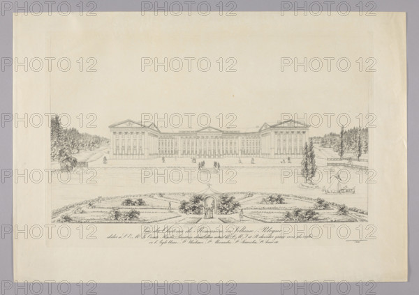 View of the palace in Romanów, by Gustav Friedrich Amalius Taubert (1755–1839), graphic print, 1828–1831. Neoclassical view showing the palace, gardens, garden gazebos and pavilions; includes filigree/illegible fragment. Graphic, height 39.2 cm, width 59.4 cm. Ukraine; Romanów.