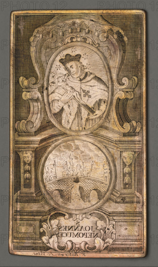 S. JOANNES NEPOMUCEN (Saint John of Nepomuk), Balcewicz, Franciszek Wenceslas (fl. ca 1748-1760), graphic artist, John of Nepomuk (Saint; ca 1350-1393), saints, martyrs, martyrdom, Vltava (Czech Republic; river), crucifixes, Charles Bridge (Prague), architectural decorations, soldiers, devotional representations, religious paintings, 1748-1760, Vilnius, graphic, graphic matrix, graphic plate, height 11.7 cm, width 6.6 cm