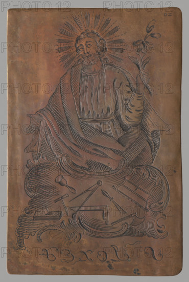 Saint Joseph, Jan Masieski (fl. ca. 1750–1800), graphic artist; attributed to Jan Maszewski (Masieski). Figure of a seated saint en face, holding a lily; at the bottom, carpentry tools (saws, compasses) scattered within a rocaille frame. Drawing on the matrix made with deeply incised strokes of a stylus. Signature under the image: IMVS (expanded: Ian Masieski Vilnesis Sculpsit). Masieski also signed with monograms (examples: IM V. sc., IMS). Possibly active in Vilnius. 2nd half of the 18th century. Graphic plate; height 10.5 cm, width 6.8 cm, thickness 0.1 cm.