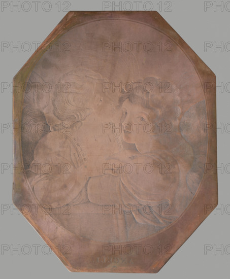 Angeli, Pczycki, Stanislaw (ca 1769-1844), draughtsman; Vieira, Francisco (1765-1805), painter; angel (allegory); Tyszkiewicz, Konstanty (1806-1868); II Monuments of domestic engraving, painting reproductions, after 1805, Vilnius; graphic; graphic matrix; graphic plate; height 34.2 cm; width 26.8 cm, A rectangular copper plate with clipped corners contains an oval-etched image of two young figures with curly hair facing each other, one looking toward the viewer and the other in profile. The figures wear flowing garments with visible folds and rounded sleeves, and faint indications of wings appear behind them. The etched lines create textured shading across the faces, hair, and clothing, and the plate shows areas of darker and lighter copper patina with subtle greenish and brownish discoloration near the edges. The background inside the oval is mostly smooth with delicate cross-hatched etching, and the outer rim of the plate has a slightly darker, polished border.