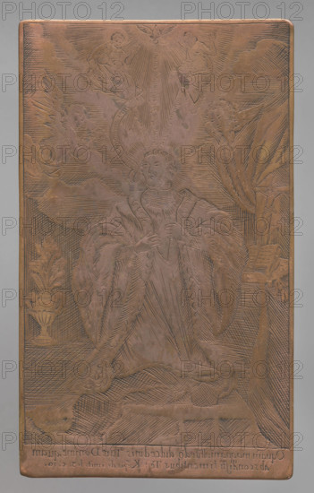 Recto: Saint Thomas a Kempis; verso: Saint Anthony with Child in his arms. Obverse: image of Saint Thomas a Kempis kneeling, on the right a crucifix and an open book; above the saint the Holy Trinity and two angels, on the right a vase of flowers. Reverse: image of Saint Anthony of Padua with the Child in his arms and a lily in his hand. Drawings on the plate made by the same hand with a thin stylus. Inscription at the bottom: 'O quam magna multitudo, dulcedinis Tuae Domine, quam abscondisti timentibus Te! Kempis 1. 3. cw' — a quote from Saint Thomas a Kempis, On the Imitation of Christ. Part of a series of graphic compositions depicting images venerated as objects of cult, mostly made by anonymous engravers often in Vilnius monastery engraving workshops. Attributed dates/places of production: 1780–1810, engraved in Lithuania (some in Lublin and Ventspils). Medium: graphic matrix/plate. Dimensions: height 11.8 cm, width 7.1 cm, thickness 0.1 cm. Makers/subjects noted: Anthony of Padua ...