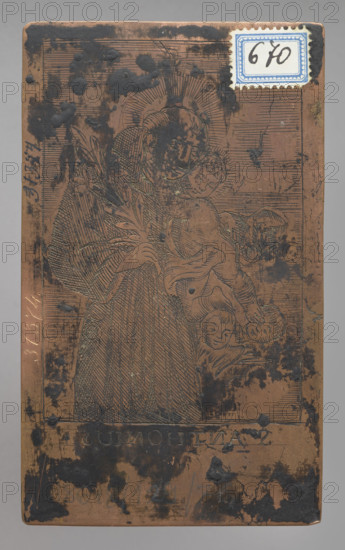 Recto: Saint Thomas à Kempis; obverse - image of Saint Thomas à Kempis on a kneeler, on the right a crucifix and an open book; above the saint the Holy Trinity and two angels, on the right a vase of flowers. Inscription at the bottom: 'O quam magna multitudo, dulcedinis Tuae Domine, quam abscondisti timentibus Te! Kempis 1. 3. cw' — a quote from Saint Thomas à Kempis, On the Imitation of Christ. Verso: image of Saint Anthony of Padua with the Child in his arms and a lily in his hand. Drawings on the plate made by the same hand with a thin stylus. Graphic plate, anonymous engraver (likely from Vilnius monastery engraving workshops), part of a series of devotional graphic compositions of saints, ca. 1780–1810; dimensions: height 11.8 cm, width 7.1 cm, thickness 0.1 cm. Makers/subjects: Anthony of Padua (1195–1231), Thomas à Kempis (1379–1471).