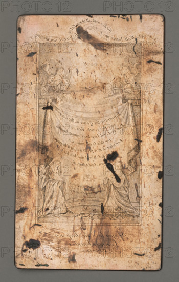 If you love me, keep my Commandments. (Two saints adoring the Holy Spirit). John Alais (ca. 1778–fl. ca. 1820), graphic artist. Eye of Providence. Dove of the Holy Spirit, saints, nuns, texts of prayers, angels, Arma Christi (attributes), prayer, women, men, kneeling men, praying women. Composition enclosed in a linear frame. In the center, on a drapery suspended from an architectural element, are quotations from Ecclesiastes and the Gospel of Matthew. Above, two angels adoring the Dove of the Holy Spirit; above the frame, the Eye of Providence. At the foot of the drapery are two kneeling saints: at left with the Arma Christi, at right in a nun's habit (possibly Carmelite), behind her the head of a kneeling bearded man. Possibly connected with Jesuit or related devotional print production; stylistically linked to stippled copperplate (etched) technique. Inscription/engraver’s signature and publisher’s name present. Date: ca. 1803–1820. Medium: graphic plate (stippled copperplate). Dime...