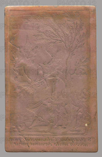 Recto: Saint Joseph Kalasanty prepares the fall of the demon. Verso: Fragment of an inscription in German. Double-sided plate: Saint Joseph Kalasanty drives away Satan; verso text in German. Recto: the engraving depicts an apocryphal scene from the life of Saint Joseph Calasanz, who as a youth drove out a demon. Joseph Calasanz (Italian: José de Calasanz; born September 11, 1557 in the Calasanz Castle near Peralta de la Sal, Aragon; died August 25, 1648 in Rome) — Spanish Catholic priest, founder of the Piarist Order, educational reformer. Inscription at the bottom: 'S. Josephus Calasanctius puer necem malo daemoni parat.' The image belongs to a series of graphic compositions depicting images that were objects of worship, often made by anonymous engravers in monastery engraving workshops. Verso: text in German with dates: 1702, 1704, 1709. Text in engraved lines; fragment of a plate cut from a larger page of text. Date: 1748, Florence. Graphic matrix/plate. Height 12.8 cm, width 8.0 cm...
