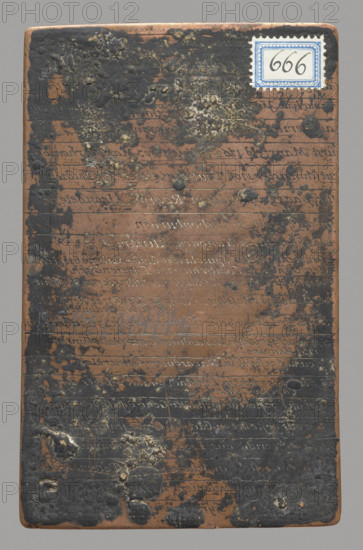 Recto: Saint Joseph Calasanz prepares the fall of the demon. Double-sided plate; recto engraving depicts an apocryphal scene from the life of Saint Joseph Calasanz (José de Calasanz; born September 11, 1557 near Peralta de la Sal, Aragon; died August 25, 1648 in Rome) — Spanish Catholic priest, founder of the Piarist Order and educational reformer — who as a youth drove out a demon. Inscription at the bottom: 'S. Josephus Calasanctius puer necem malo daemoni parat.' The image belongs to a series of graphic compositions depicting images that were objects of worship, often made by anonymous engravers in monastery engraving workshops. Verso: fragment of an inscription in German, text in engraved lines with dates 1702, 1704, 1709; this is a fragment of a plate cut out from a larger page of text. Possibly dated 1748, Florence. Graphic plate (matrix); height 12.8 cm, width 8.0 cm.