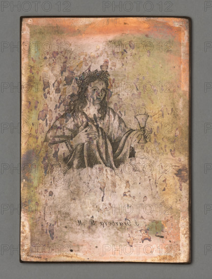 S. Barbora PM (Saint Barbara), Czerski, Stanislaw (1777–1833), graphic artist. The image shows Saint Barbara (bust in clouds, a wreath on her head, a chalice with a host in her hand). The engraving was made by Father Stanislaw Czerski in Salanty in Samogitia. As a parish priest, with the help of a young assistant he adopted, he devoted himself to engraving images of saints with Samogitian inscriptions: because he only engraved these images for his parishioners, who, as inhabitants of pure Samogitia, do not know any other language. The plates, together with the press and all the tools for imprinting them, were transferred to Vilnius after his death. Date: 1822–1832. Medium: graphic, graphic matrix/graphic plate. Dimensions: height 9.9 cm, width 6.8 cm.