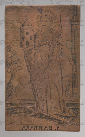 Saint Barbara; graphic artist; Barbara (St.) iconography; Tyszkiewicz, Konstanty (1806–1868); Monuments of domestic engraving; Catholic saints; after 1700; graphic; graphic matrix; graphic plate; height 8.7 cm; width 5.2 cm