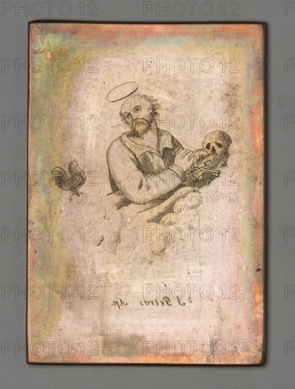 S. Petras Ap. (Saint Peter the Apostle), Czerski, Stanislaw (1777–1833), graphic artist. The image shows Saint Peter the Apostle in a bust, in a cloud, with keys, a skull and a rooster. Engraving made by priest Stanislaw Czerski in Salanty in Samogitia. As a parish priest, with the help of a young assistant he adopted, he devoted himself to engraving images of saints with Samogitian inscriptions because he engraved these images for his parishioners who did not know any other language. Date: 1822–1832. Medium: graphic plate/graphic matrix. Dimensions: height 9.9 cm, width 6.8 cm.