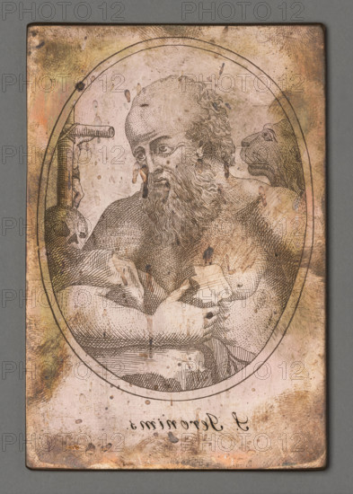 S. Jeronims. (Saint Jerome). Czerski, Stanislaw (1777–1833), graphic artist. Jerome (Saint; ca. 340–ca. 420), saints, hermits, crucifixes, devotional depiction, lion (attribute), religious painting. The image depicts Saint Jerome. The composition is enclosed in an oval in a double linear frame. The engraving was made by Father Stanislaw Czerski in Salanty in Samogitia. As a parish priest, with the help of a young assistant he adopted, he devoted himself to engraving images of saints with Samogitian inscriptions: because he only engraved these images for his parishioners, who, as inhabitants of pure Samogitia, did not know any other language. The plates, together with the press and all the tools for imprinting them, were transferred to Vilnius after his death. Date: 1822–1832. Medium: graphic, graphic matrix, graphic plate. Dimensions: height 10 cm, width 6.7 cm.