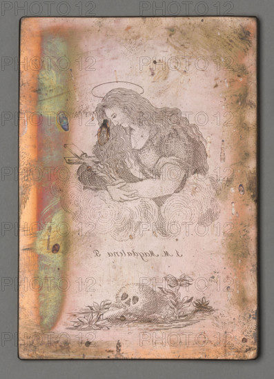 SM Magdalena P. (Saint Mary Magdalene), Czerski, Stanislaw (1777–1833), graphic artist, Mary Magdalene (Saint), devotional depictions, crucifixes, saints, halos, flowers, skulls, religious paintings. The image shows Saint Mary Magdalene, visible in a bust, holding a crucifix; at the bottom (under the inscription) a skull in a tuft of grass and flowers. The engraving was made by Father Stanislaw Czerski in Salanty in Samogitia. 'As a parish priest, with the help of a young assistant he adopted, he devoted himself to engraving images of saints with Samogitian inscriptions: because he only engraved these images for his parishioners, who, as inhabitants of pure Samogitia, do not know any other language. The above-mentioned plates, together with the press and all the tools for imprinting them, were transferred to Vilnius after his death.' 1822–1832; graphic, graphic matrix, graphic plate; height 9.9 cm, width 6.9 cm.