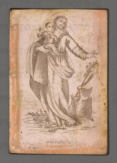 S. Juzups (Saint Joseph with Baby Jesus), Czerski, Stanislaw (1777–1833), graphic artist, Joseph (Bible), Joseph (Saint), Jesus Christ, lily (attribute), Baby Jesus, axes, religious painting. The image shows Saint Joseph in a bust, with Baby Jesus in his arms. The composition is in an oval in a double linear frame, the whole in a rectangular linear frame along the edge of the plate. The engraving was made by Father Stanislaw Czerski in Salanty in Samogitia. As a parish priest, with the help of a young assistant he adopted, he devoted himself to engraving images of saints with Samogitian inscriptions: because he only engraved these images for his parishioners, who, as inhabitants of pure Samogitia, did not know any other language. The plates, together with the press and all the tools for imprinting them, were transferred to Vilnius after his death. Date: 1822–1832. Medium: graphic matrix/graphic plate. Dimensions: height 9.8 cm, width 6.6 cm.
