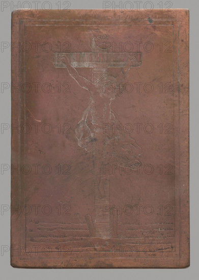 Recto: Crucifixion; verso: Fragment of a composition, graphic artist, Crucifixion (iconographic), Jesus Christ. Plate obtained by cutting a larger matrix — on the reverse a visible fragment of etched, quite thick parallel and intersecting lines — terrain with leaves over water. Image of Christ crucified. The composition is enclosed in a triple linear frame. The engraving was made with a stylus; parts of the body are stippled. The image belongs to a series of graphic compositions depicting images that are objects of cult, most often made by anonymous engravers, often in monastery engraving workshops. Dates: 1790–1820 (recto), 18th century (verso). Medium: graphic; graphic matrix/graphic plate. Dimensions: height 7.6 cm, width 5.2 cm.