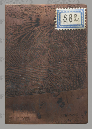 Recto: Crucifixion. Verso: Fragment of a composition by a graphic artist, Lohojsk — Fragment of etched, quite thick parallel and intersecting lines — terrain with leaves over water at the bottom. Plate obtained by cutting a larger matrix — on the reverse a visible fragment of etching. Image of Christ crucified. The composition is enclosed in a triple linear frame. The engraving was made with a stylus; parts of the body are stippled. The image belongs to a series of graphic compositions depicting devotional images, mostly by anonymous engravers often working in monastery engraving workshops. Dates: recto 1790–1820; verso 18th century. Medium: graphic matrix/plate. Dimensions: height 7.6 cm, width 5.2 cm. Maker: possibly Tyszkiewicz, Konstanty (1806–1868) referenced.